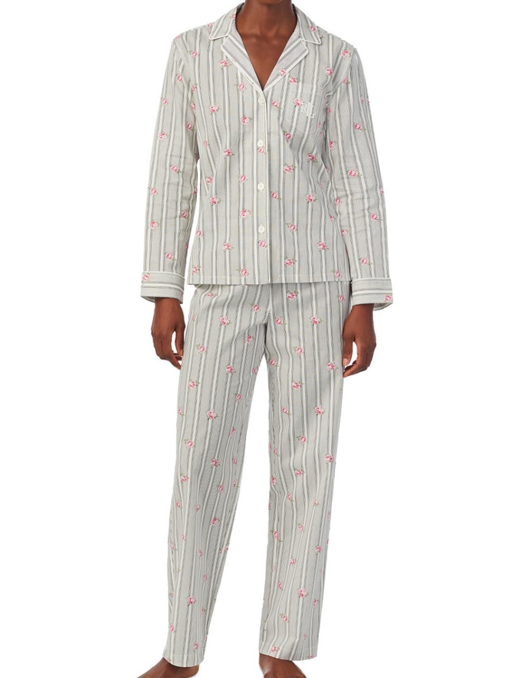 Ralph Lauren Grey Pinstripe Pajama Set with Pink Floral